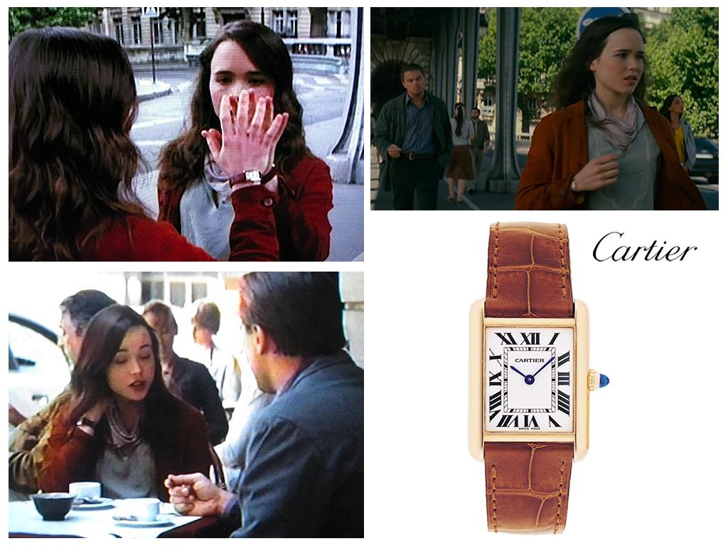 Начало (2010): часы Эллен Пейдж (Ариадны) Ladies Gold Cartier Tank на красном кожаном ремешке