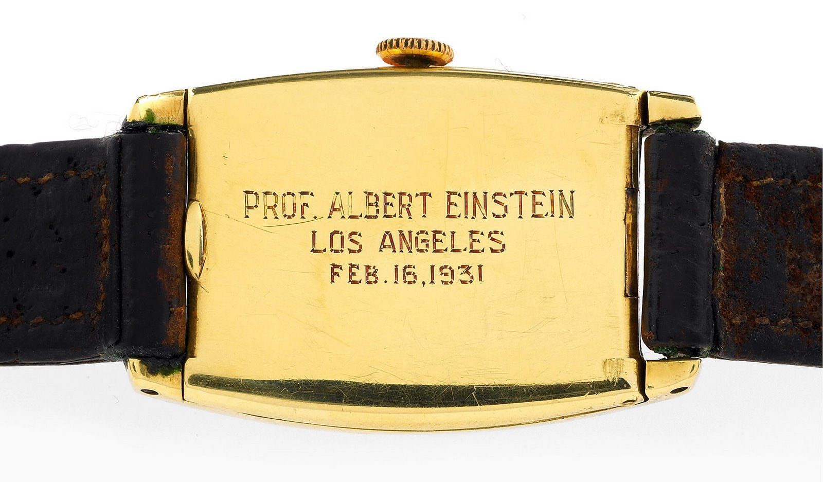 Гравировка на задней части корпуса золотого Longines "Профессор Альберт Эйнштейн, Лос-Анджелес, 16 февраля 1931 года"