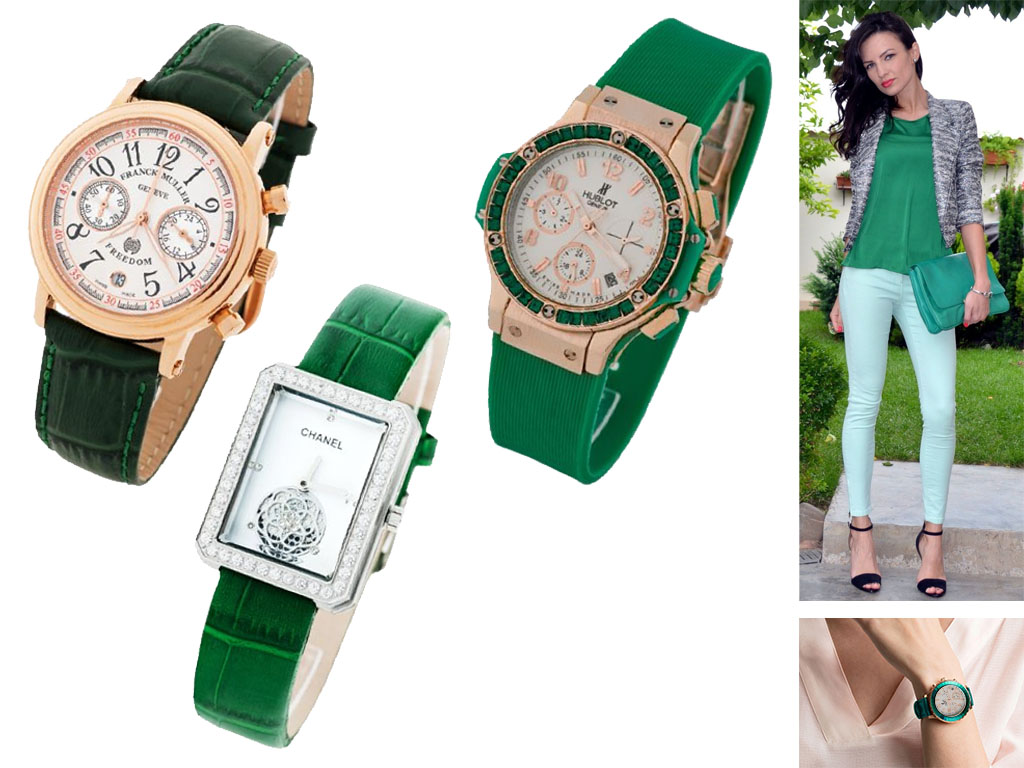 Женские часы с зеленым ремешком