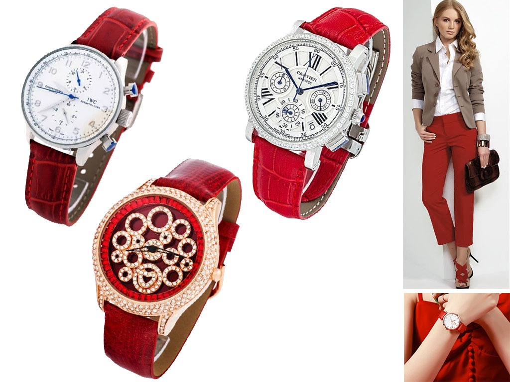 Женские часы с красным кожаным ремешком